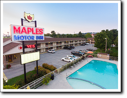 aerial view of motel and pool