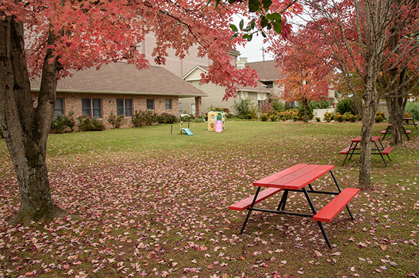A grassy area with fallen leaves, red trees, a red picnic table, and a children's playset in front of a brick building.